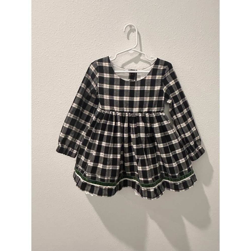 SweetHoney Girls Black White Plaid Dress Green Velvet Trim Lace 4T